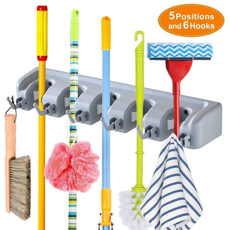 Heavy Duty Wall Mounted Mop & Broom Organizer - 5 Slots & 6 Hooks