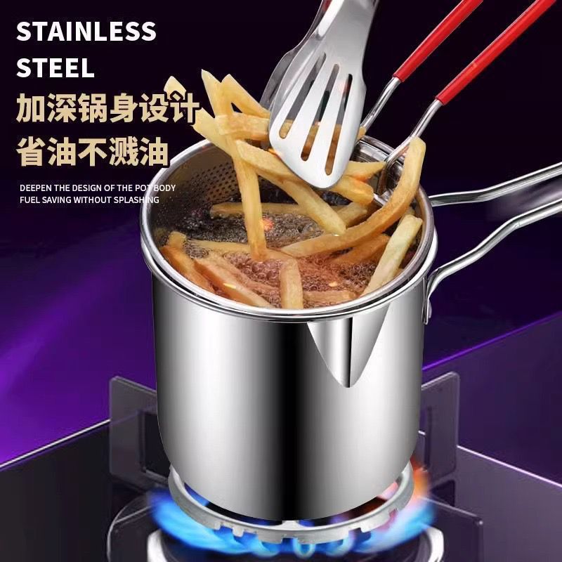 Stainless Steel Deep Frying Pot with Strainer Basket & Oil Pour Spout