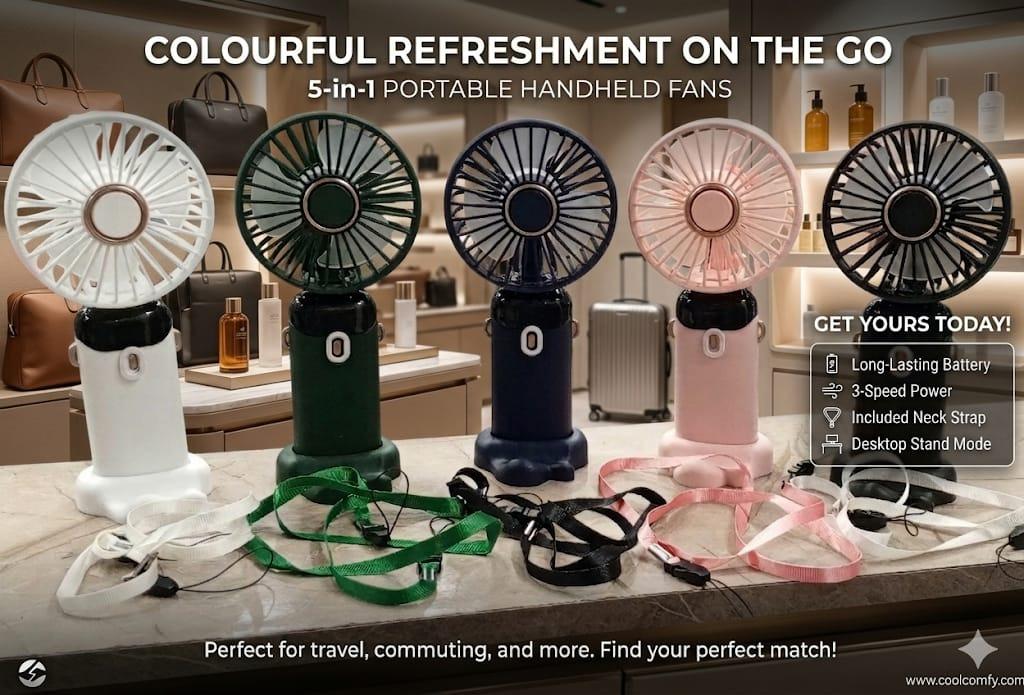 5-in-1 Smart Rechargeable Mini Fan with Digital Display & Phone Holder
