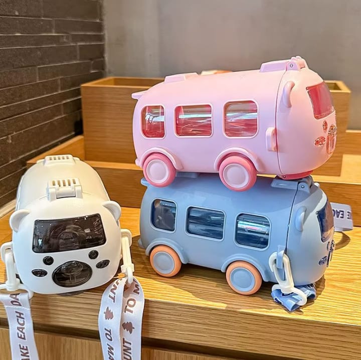 Creative Bus-Shaped Water Bottle with Straw & Strap for Kids