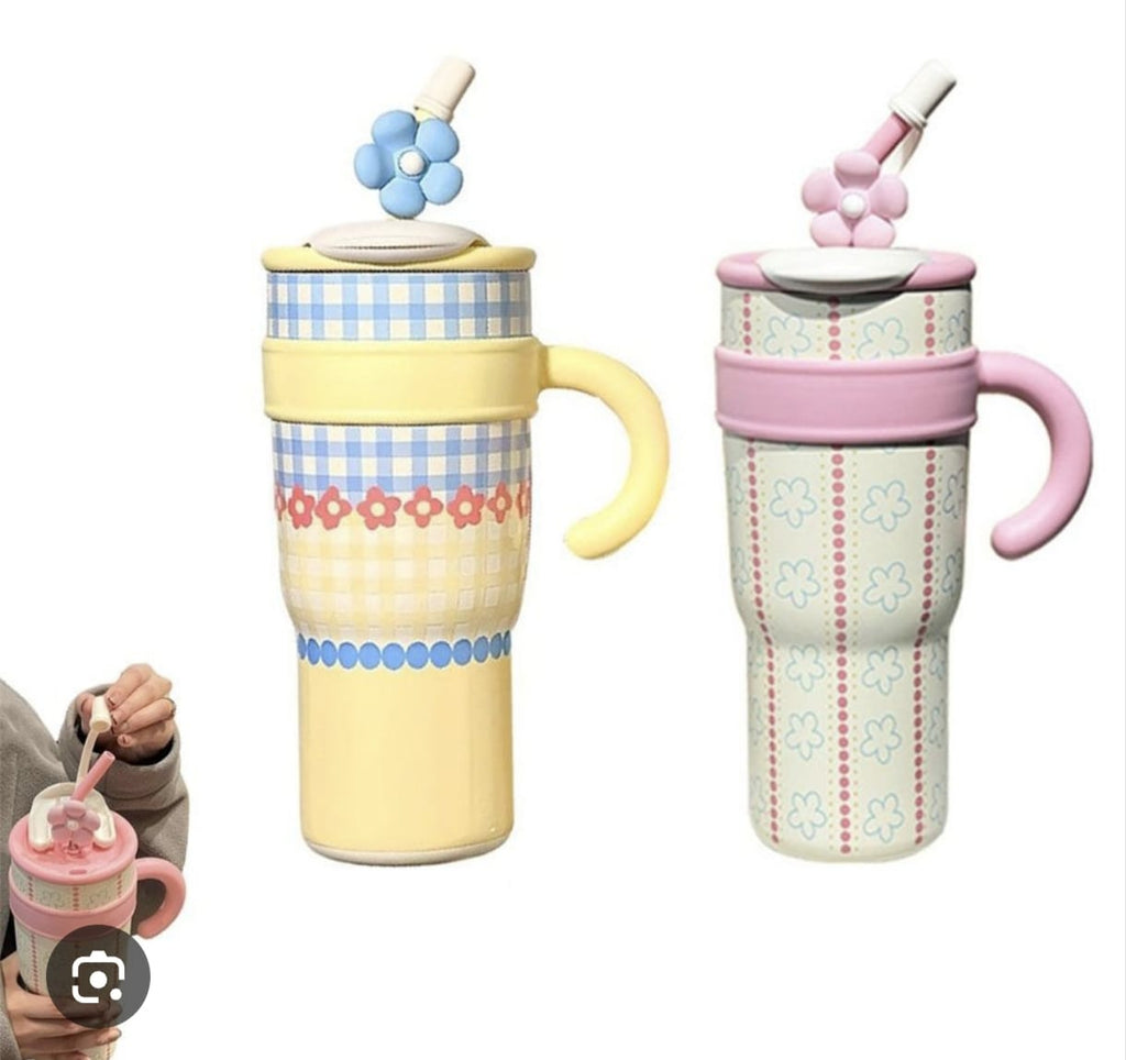 1200ml Cute Floral Insulated Tumbler – Large Capacity Travel Mug with Straw & Handle