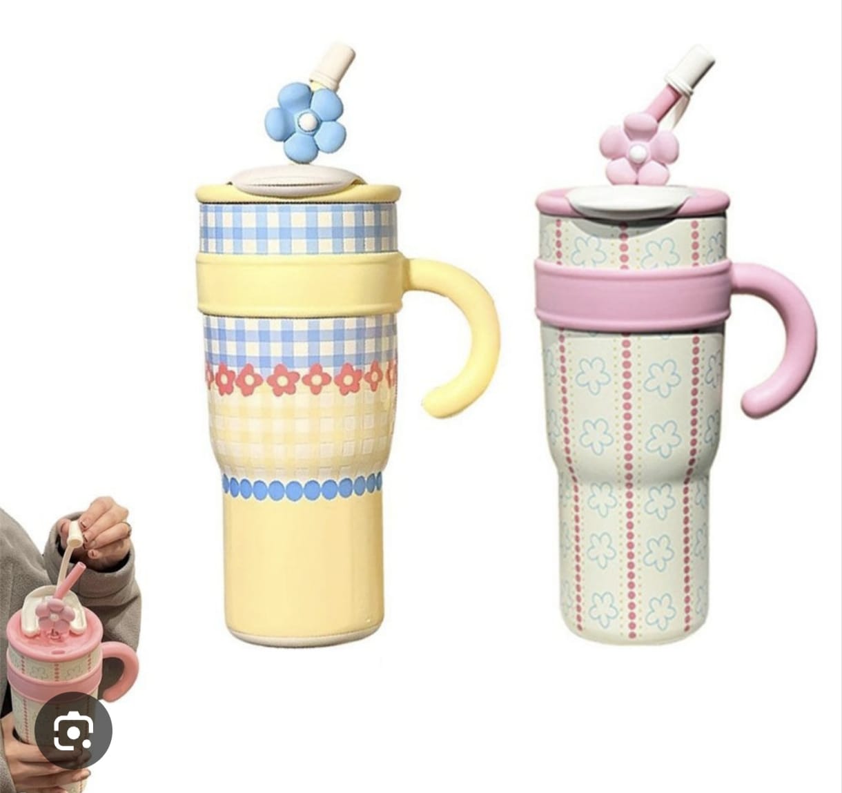1200ml Cute Floral Insulated Tumbler – Large Capacity Travel Mug with Straw & Handle