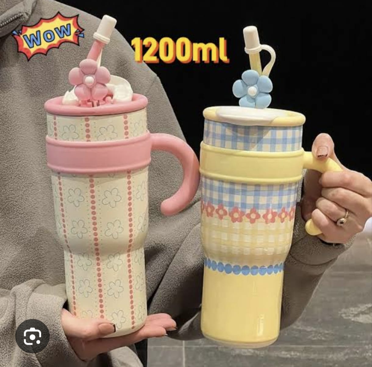1200ml Cute Floral Insulated Tumbler – Large Capacity Travel Mug with Straw & Handle