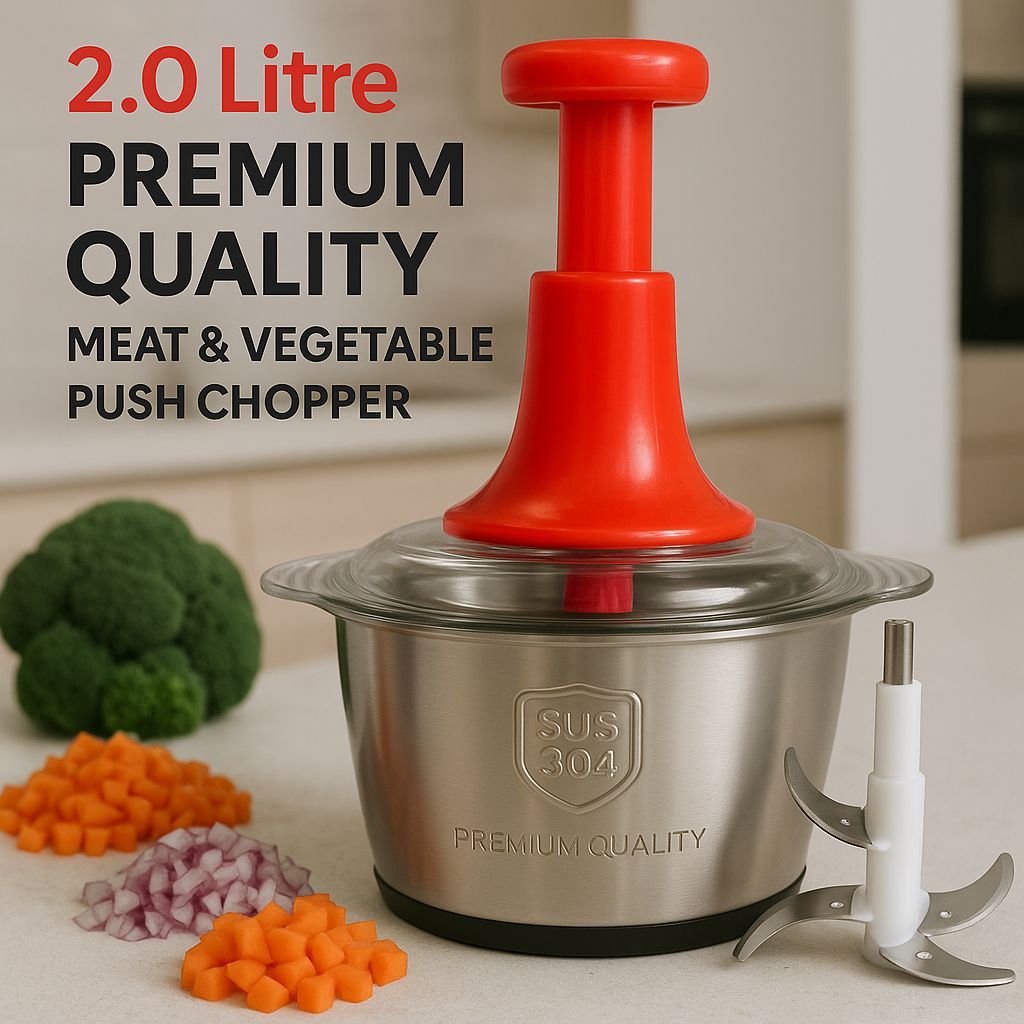 2.0Litre 4 Blades Meat and Vegetable Push Chopper with Stainless Steel Bowl