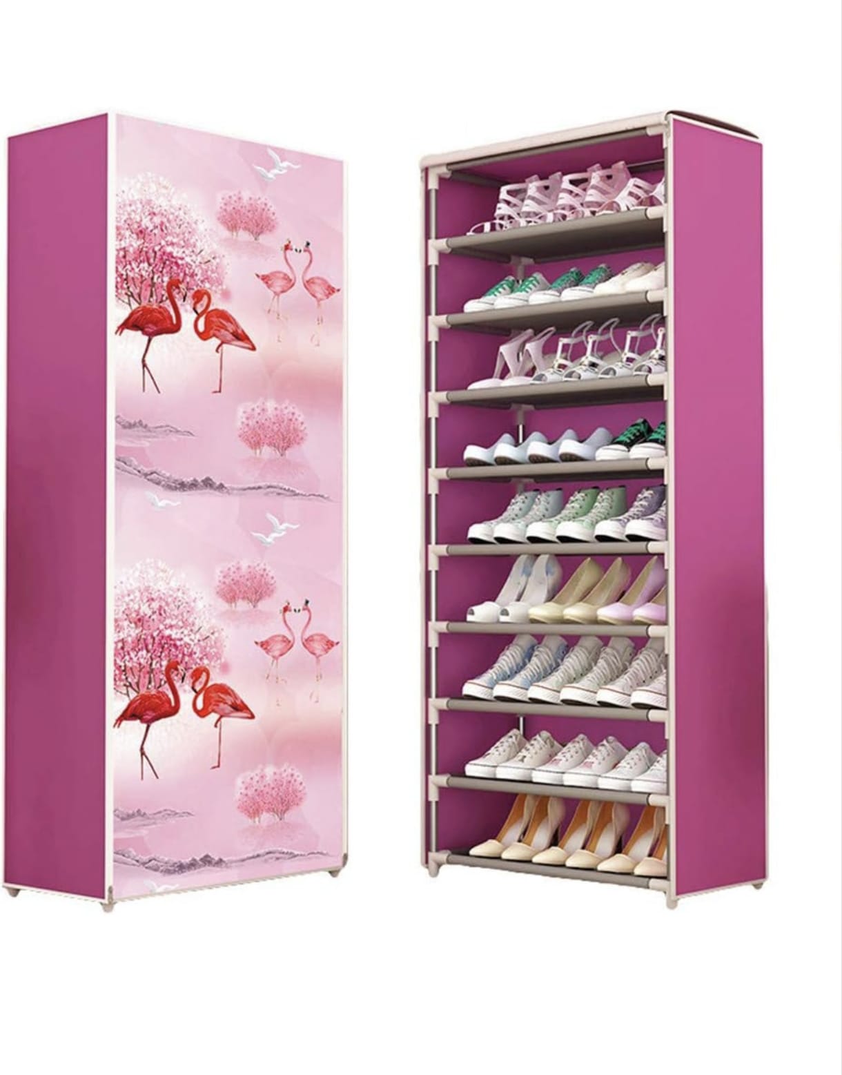 9-Tier Portable Shoe Rack - Pink Flamingo Edition
