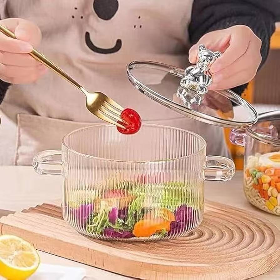 Luxury Ribbed Glass Cooking Pot Heat-Resistant Borosilicate Pot with Gold Bear Lid