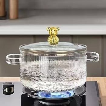 Luxury Ribbed Glass Cooking Pot Heat-Resistant Borosilicate Pot with Gold Bear Lid