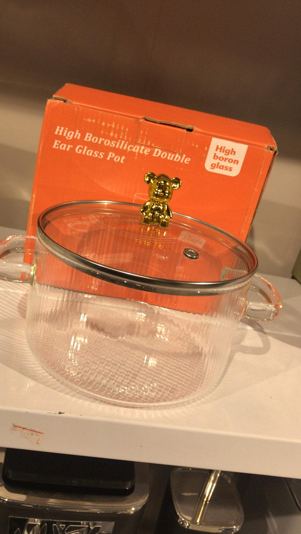 Luxury Ribbed Glass Cooking Pot Heat-Resistant Borosilicate Pot with Gold Bear Lid