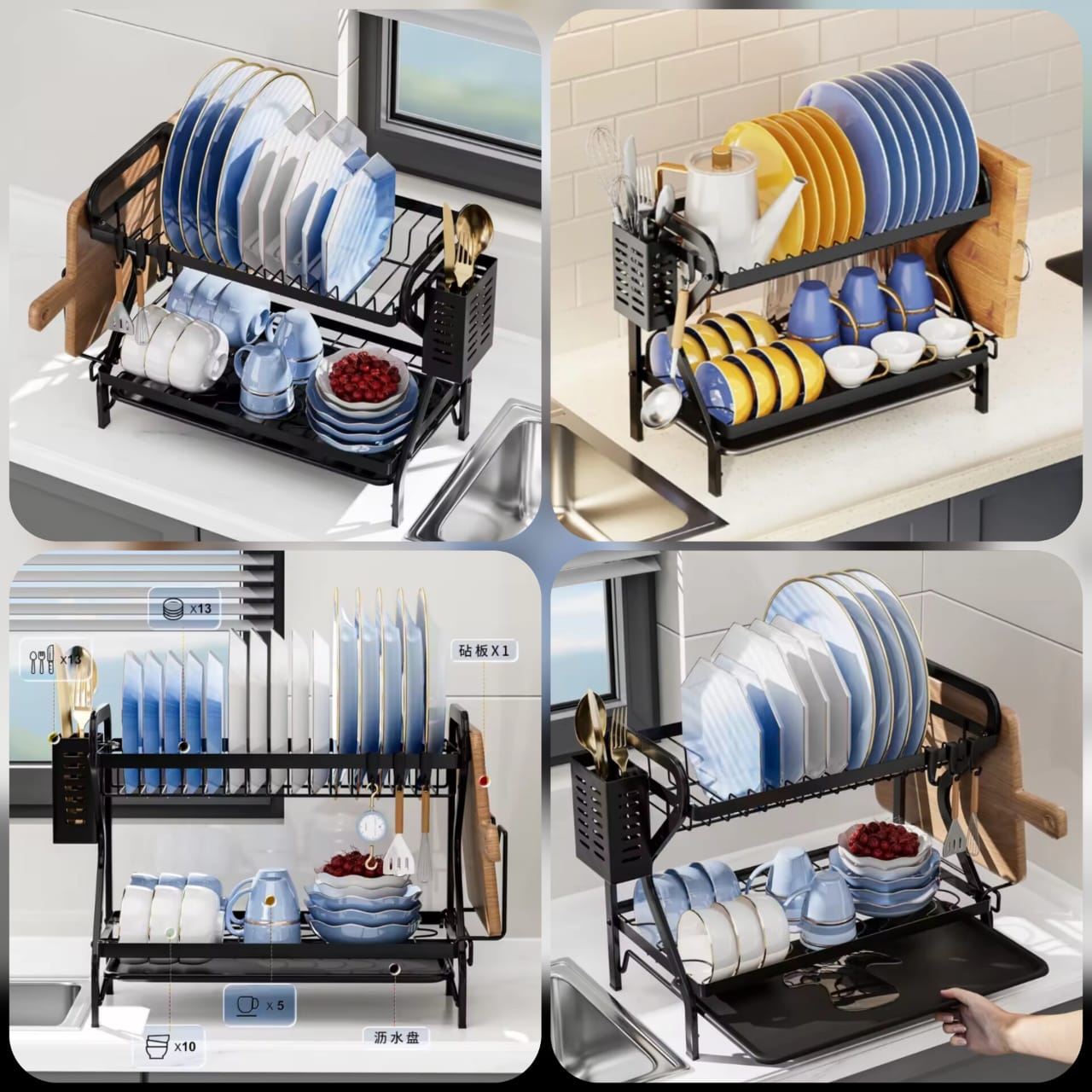 2-Tier Premium Kitchen Dish Rack with Removable Drain Board