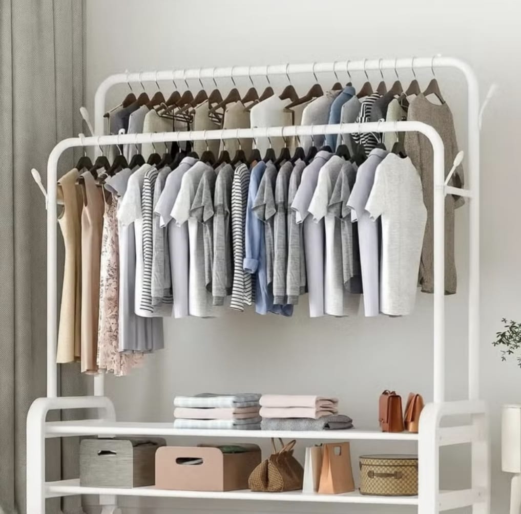 Double Pole Heavy Duty Garment Rack with Bottom Storage Shelves