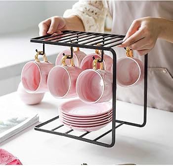 Countertop Mug & Saucer Stand Modern 6-Hook Cup Display Rack