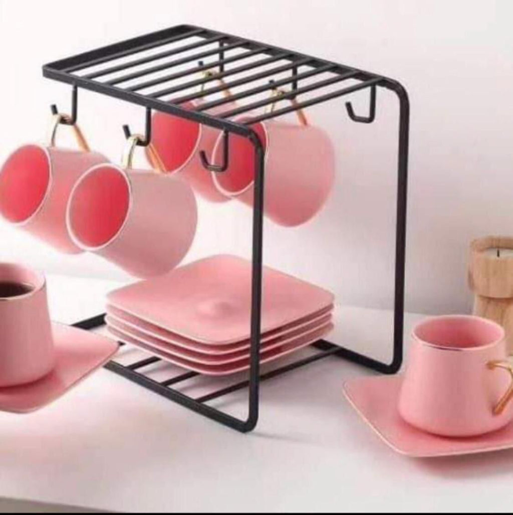 Countertop Mug & Saucer Stand Modern 6-Hook Cup Display Rack
