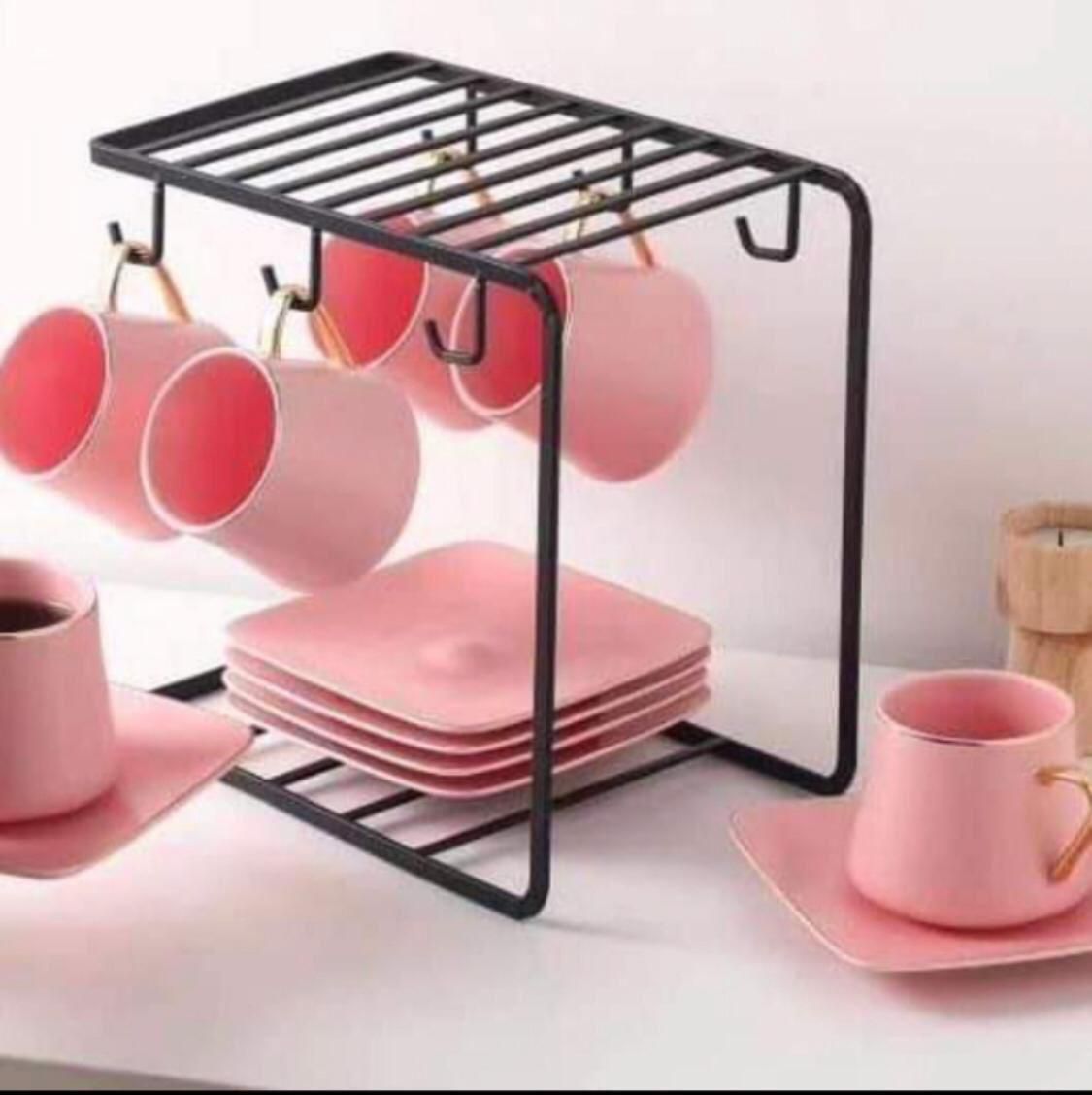 Countertop Mug & Saucer Stand Modern 6-Hook Cup Display Rack