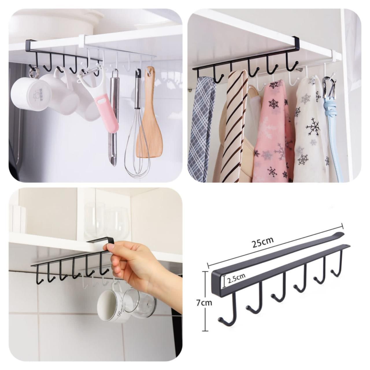 Slim Under-Cabinet 6-Hook Rack Multipurpose Hanging Organizer for Kitchen & Wardrobe