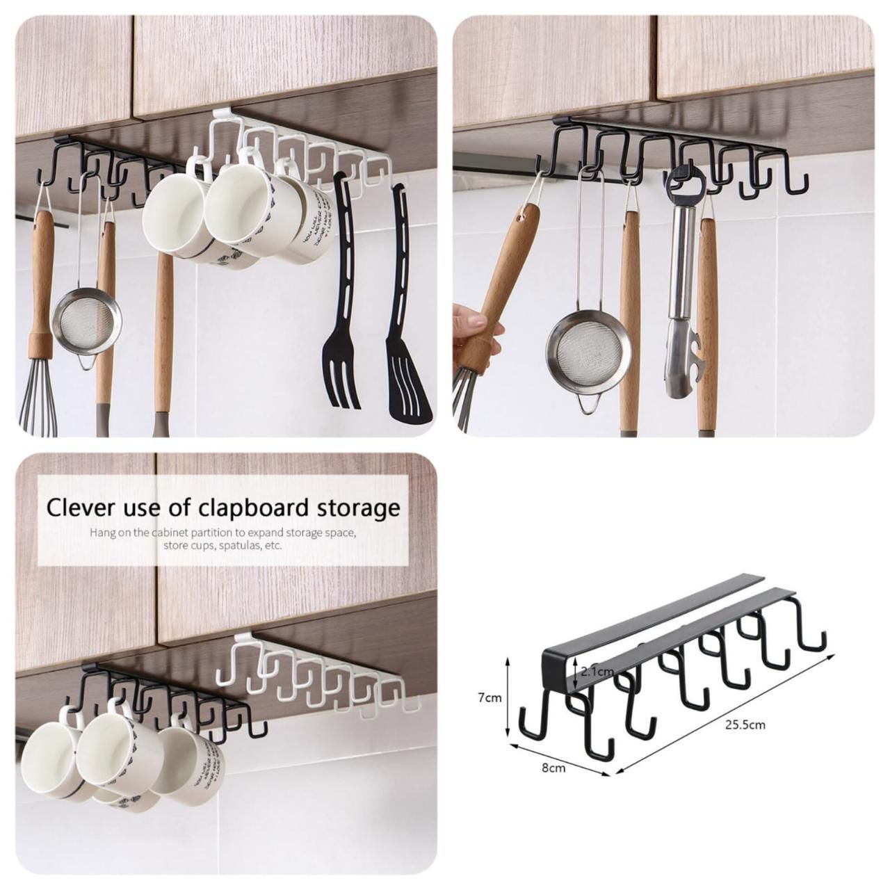 Under-Cabinet 6-Hook Kitchen Organizer Space-Saving Hanging Mug & Tool Rack
