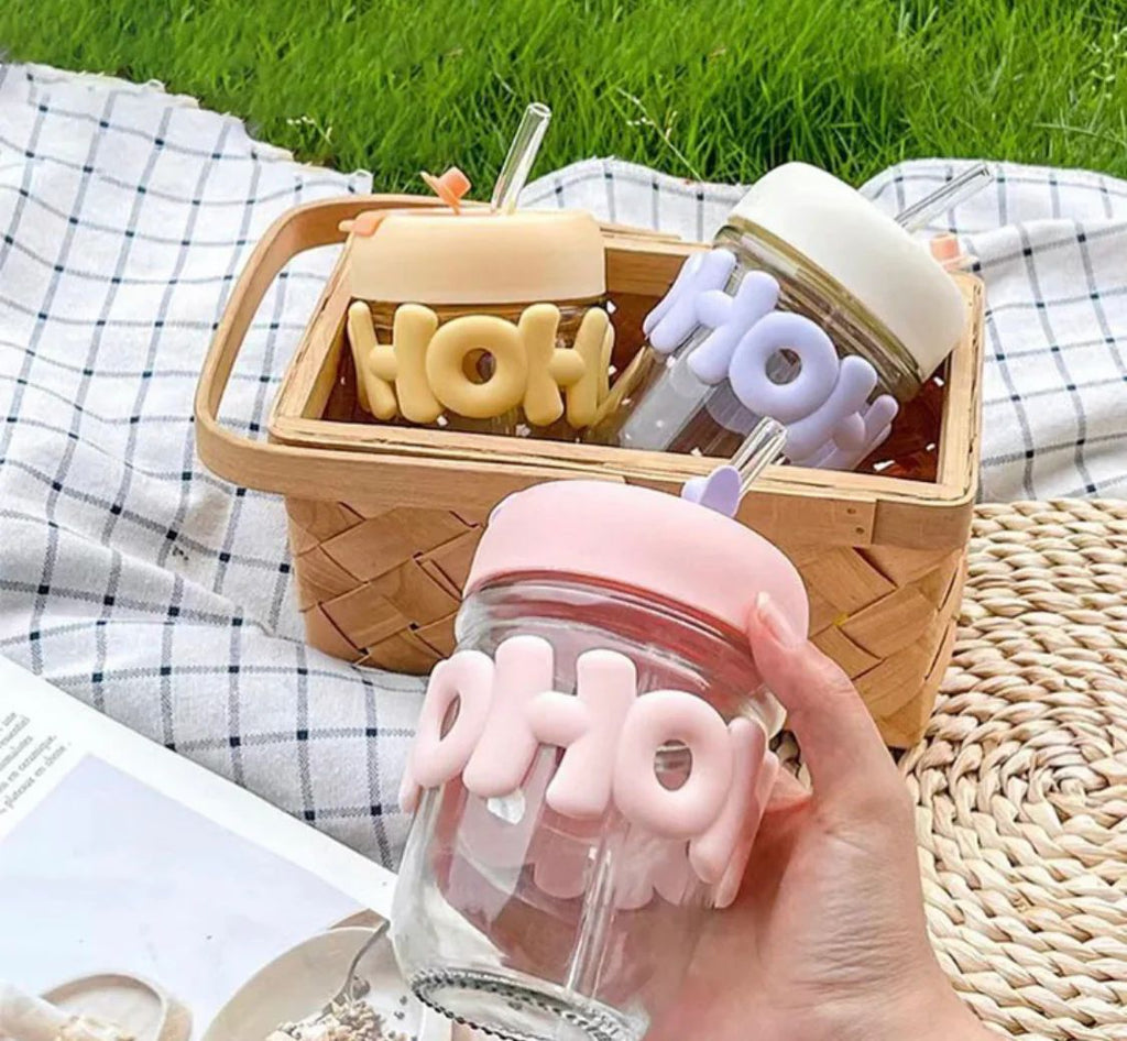Aesthetic Glass Tumbler with Silicone Grip & Straw