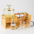 Luxury Glass Beverage Dispenser Set with Bamboo Stand & 6 Matching Mugs
