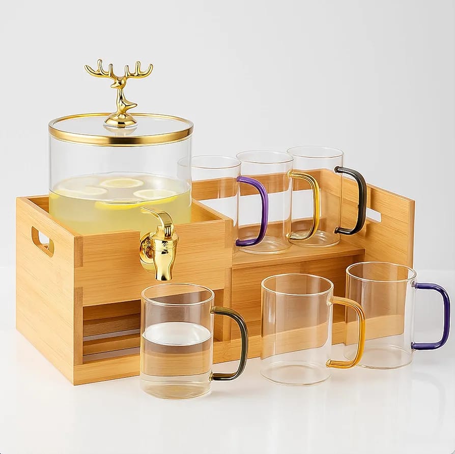 Luxury Glass Beverage Dispenser Set with Bamboo Stand & 6 Matching Mugs