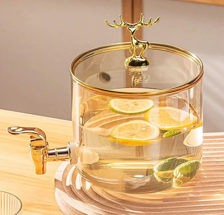 Luxury Glass Beverage Dispenser Set with Bamboo Stand & 6 Matching Mugs