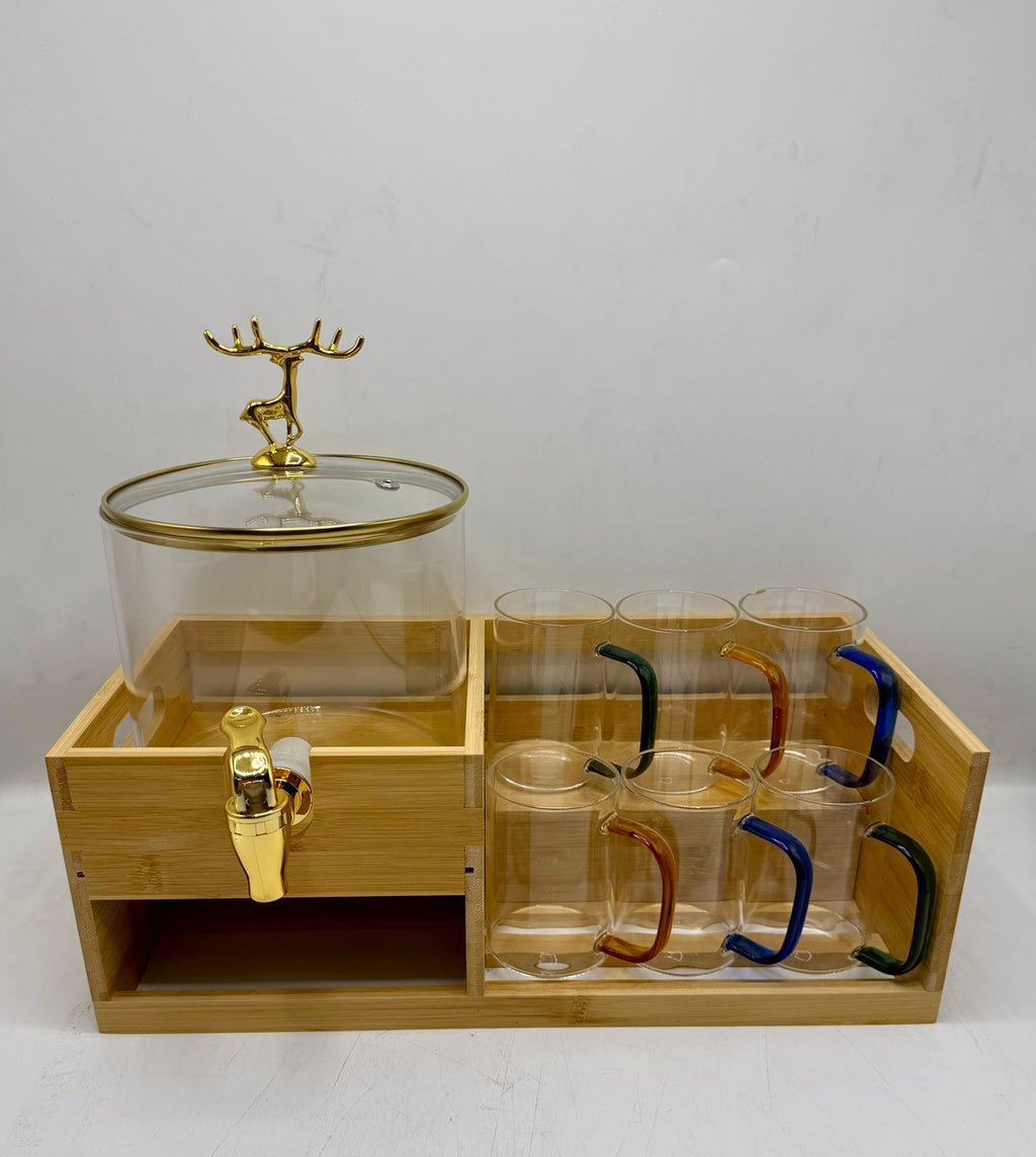 Luxury Glass Beverage Dispenser Set with Bamboo Stand & 6 Matching Mugs