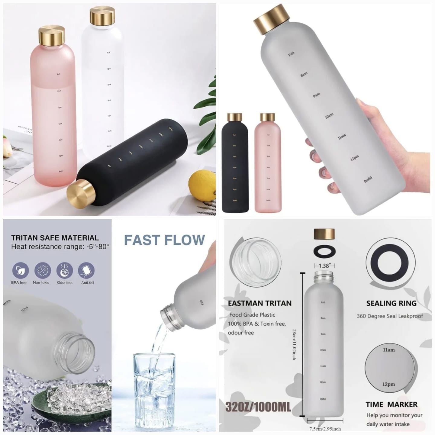 1000ml Frosted Water Bottle with Time Marker - BPA Free Leakproof Sports Bottle for Gym & Office