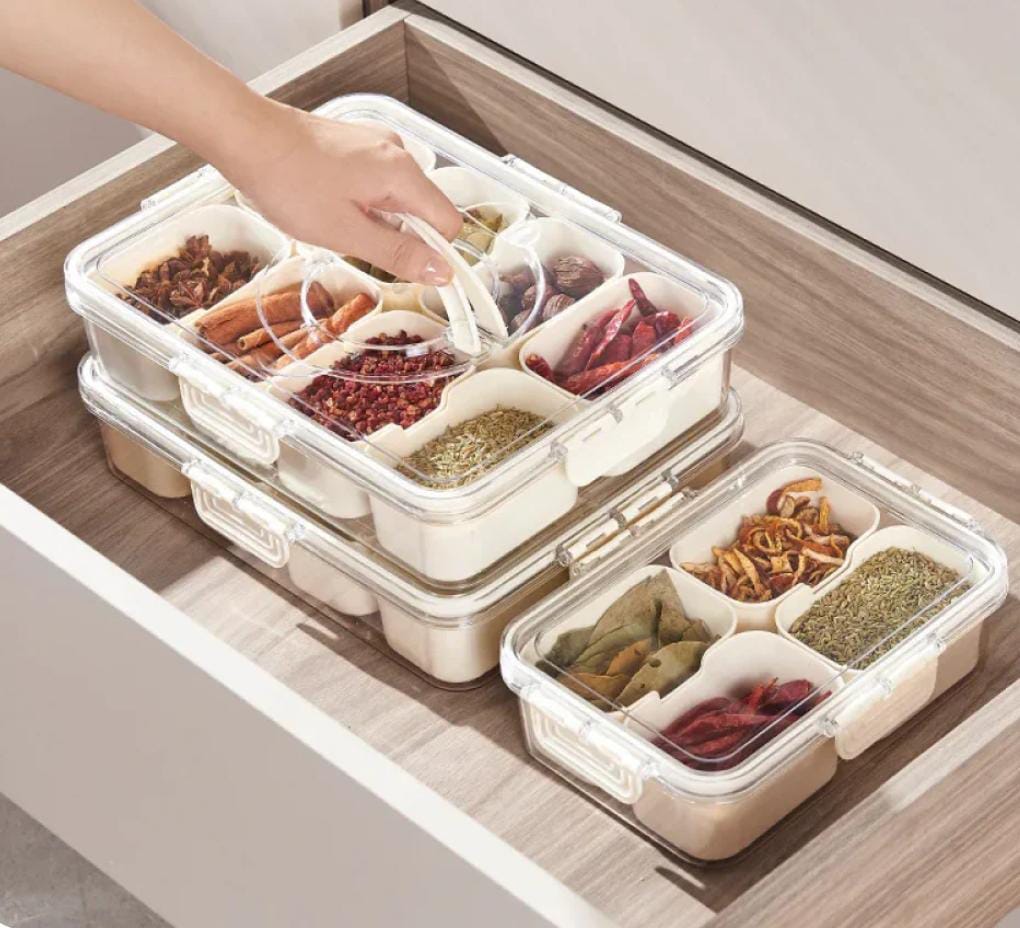 Multi-Grid Airtight Spice Box & Dry Fruit Organizer with Handle