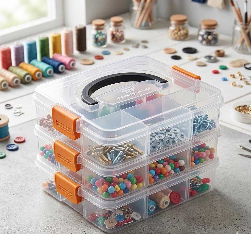 3-Layer Stackable Clear Storage Box Organizer with Handle