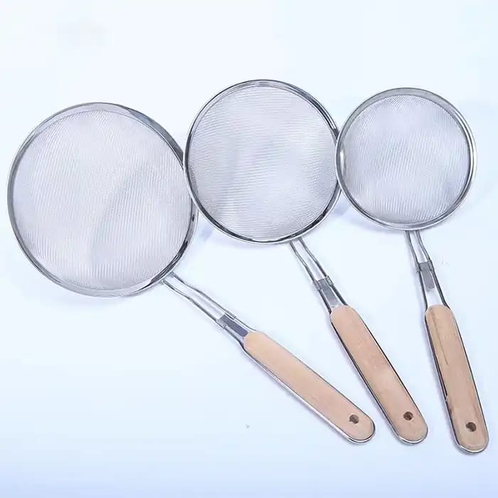 STAINLESS STEEL JUICE AND PAKORA STRAINER WITH WOODEN HANDLE