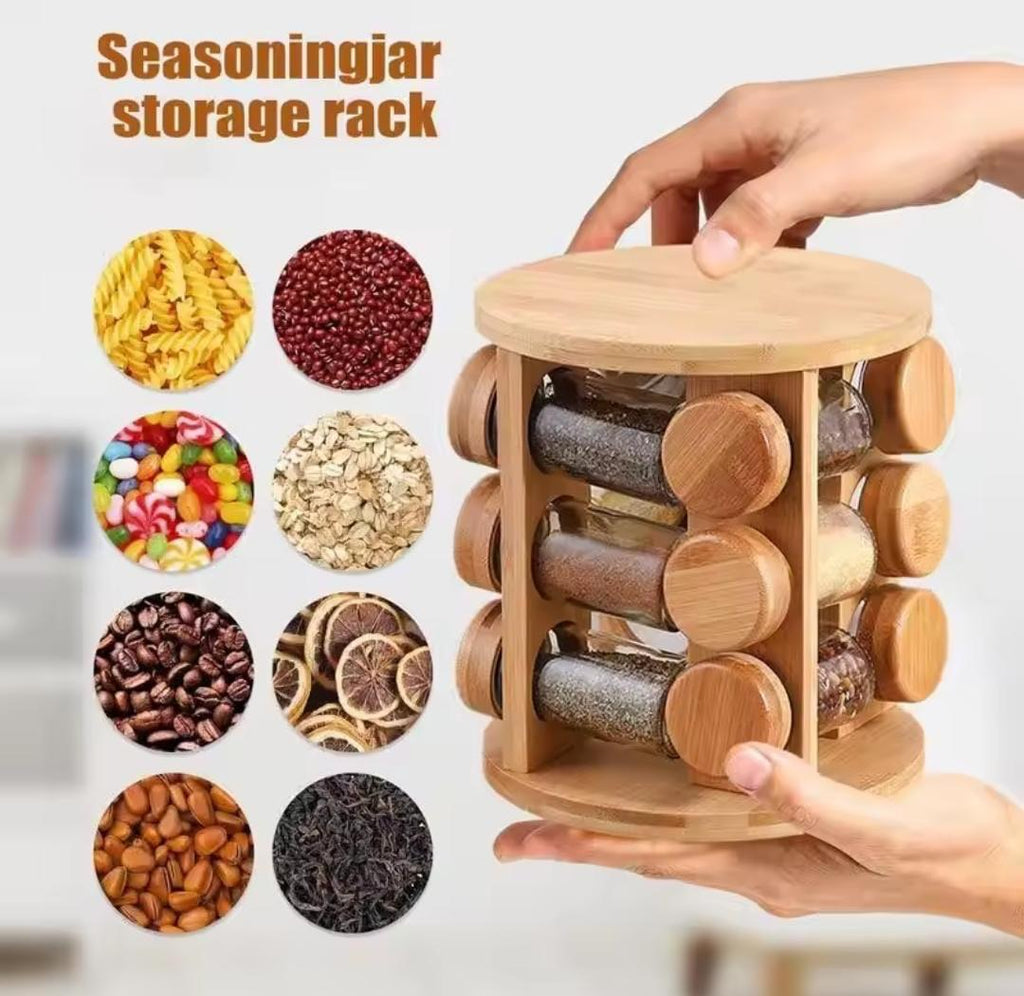 Rotating Wooden Spice Rack with Glass Jars