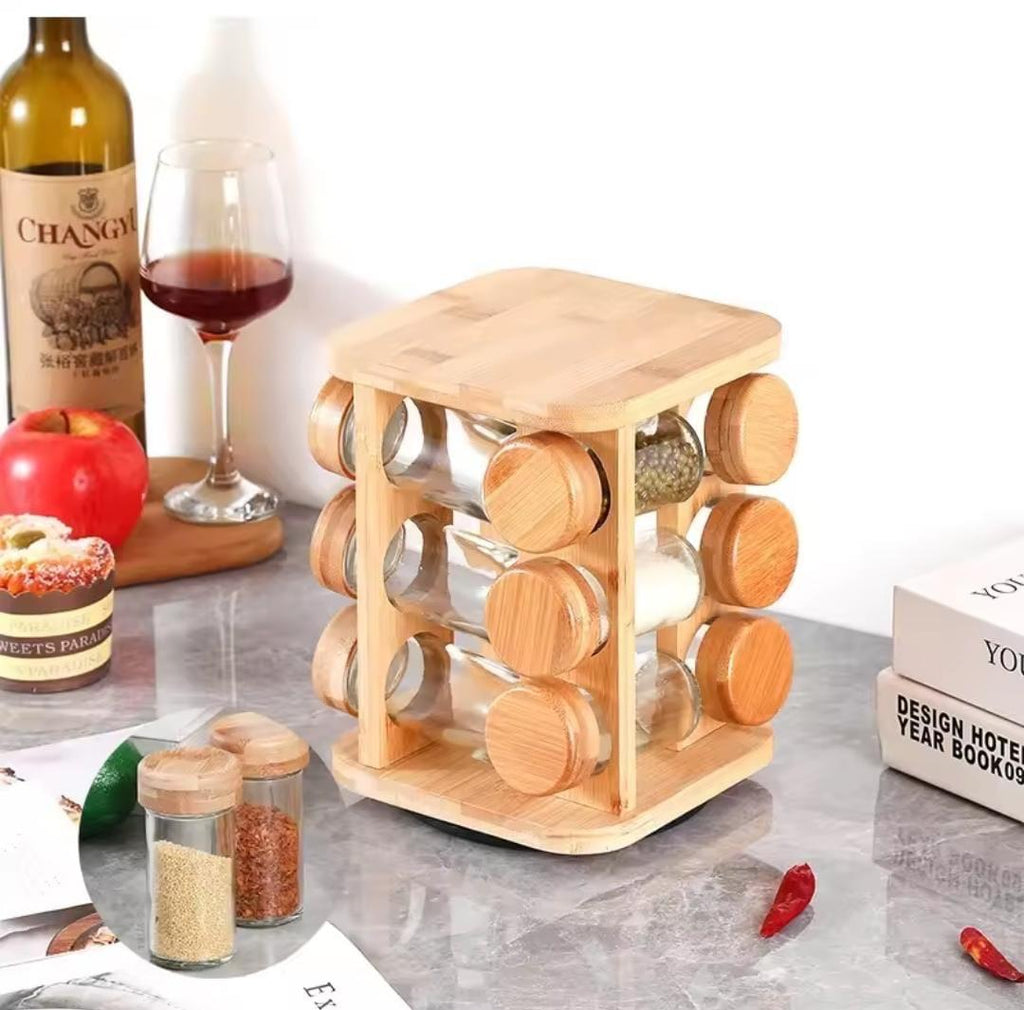 Rotating Wooden Spice Rack with Glass Jars