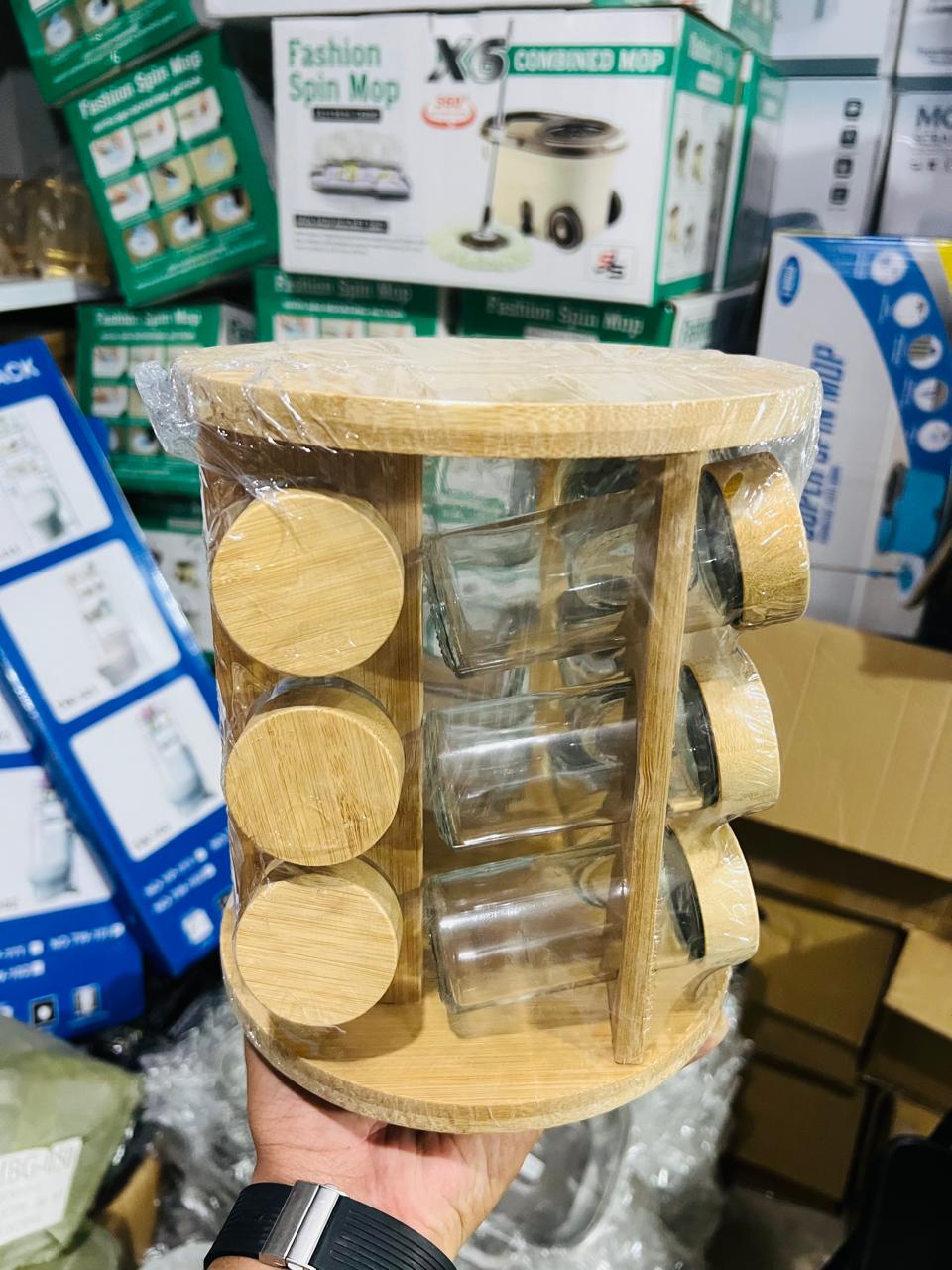Rotating Wooden Spice Rack with Glass Jars