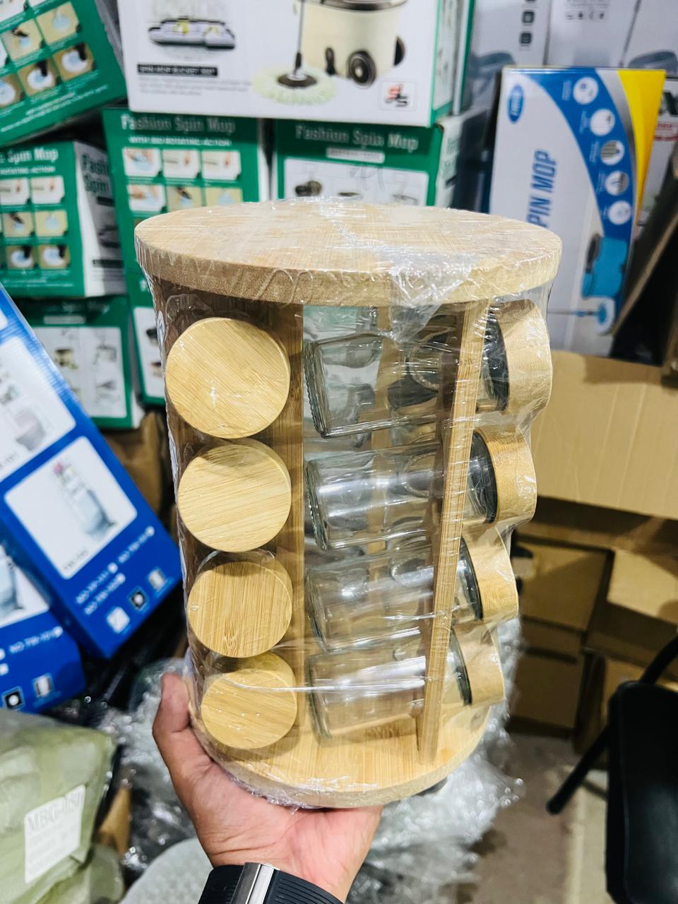 Rotating Wooden Spice Rack with Glass Jars