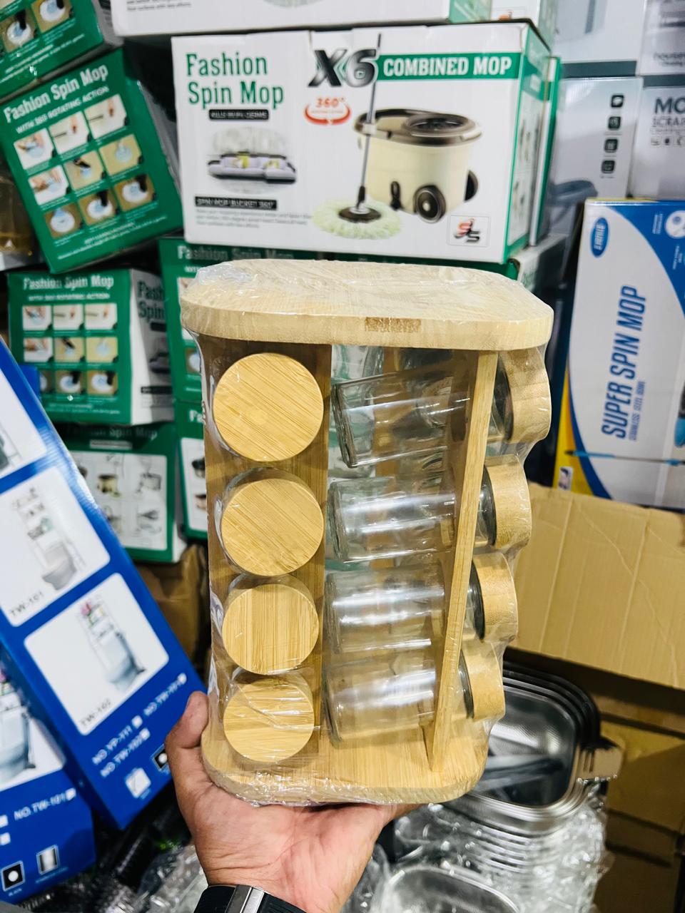 Rotating Wooden Spice Rack with Glass Jars