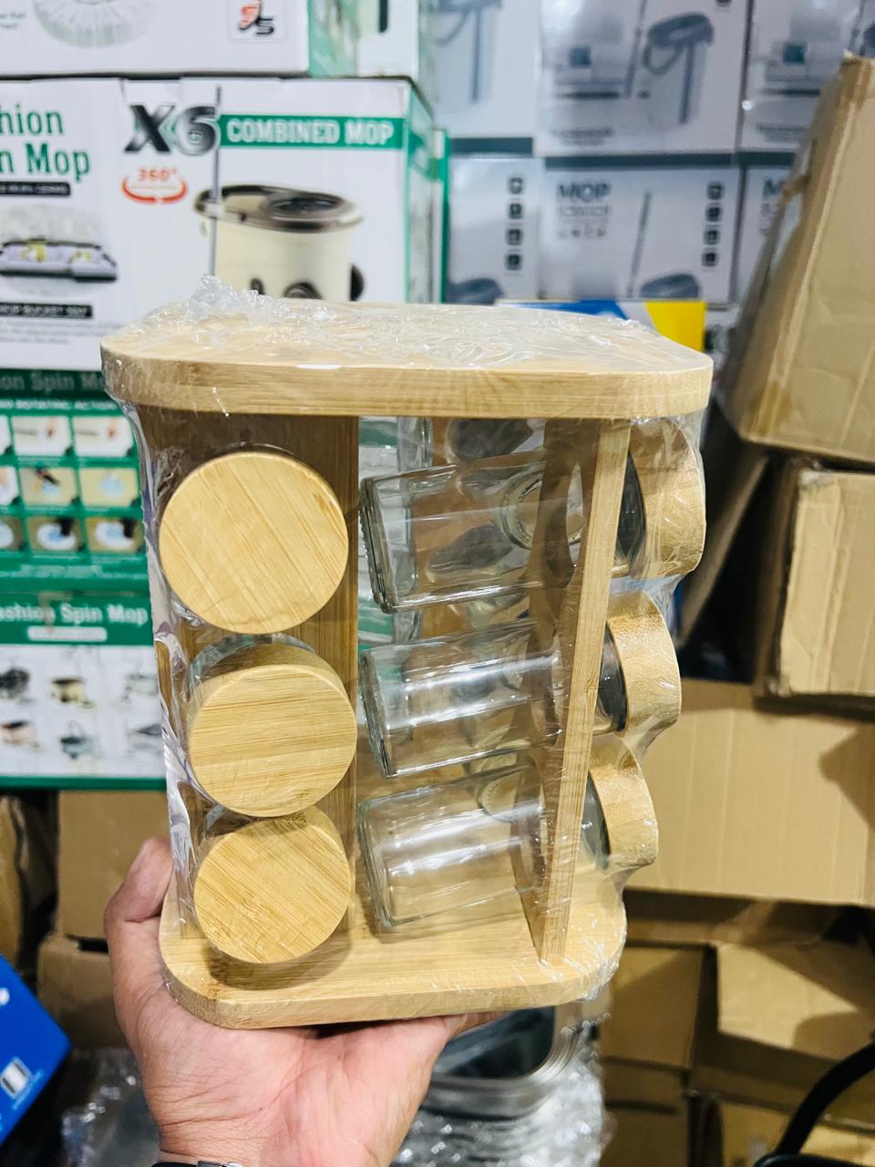 Rotating Wooden Spice Rack with Glass Jars