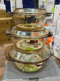 3PCS GOLDEN BOWL SET WITH LID GLASS MATERIAL HIGH QUALITY MATERIAL  CAPACITY= 900ml/1.5L/2.0L