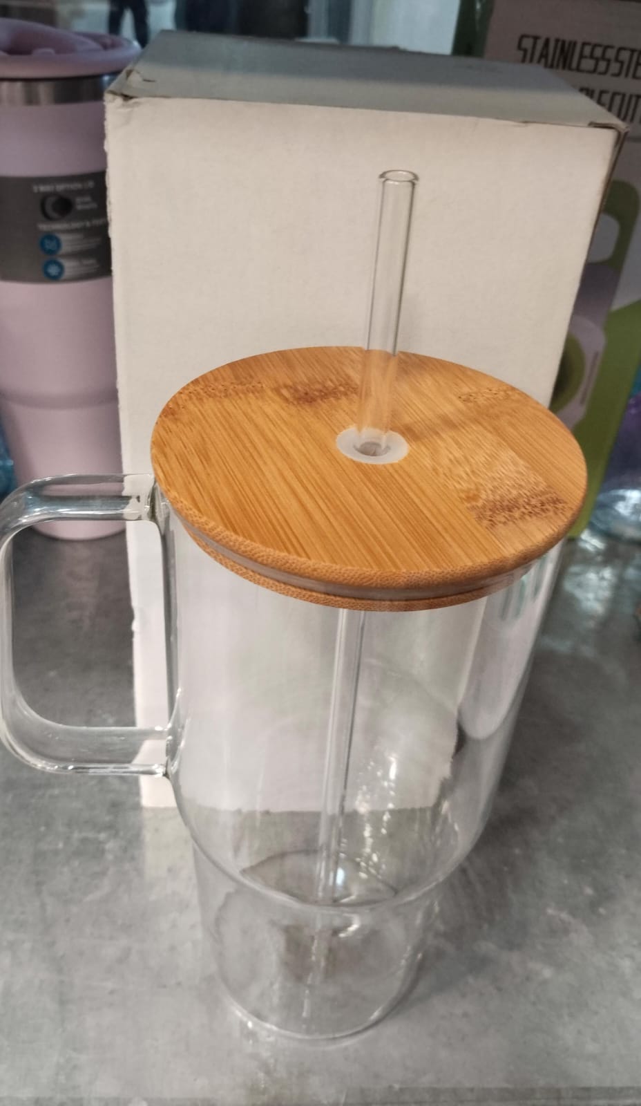 40oz Glass Tumbler with Handle | Two Lids (Bamboo + Clear) & Glass Straw