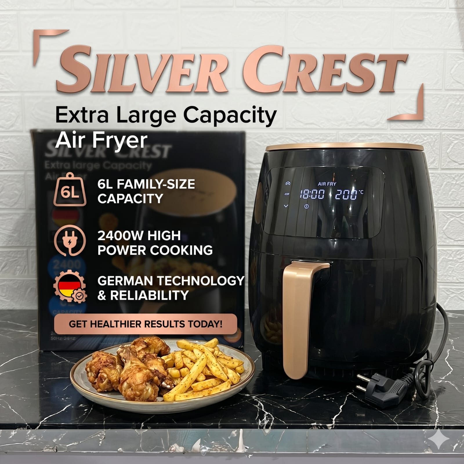Silver Crest 6L Extra Large Air Fryer - 2400W High Power