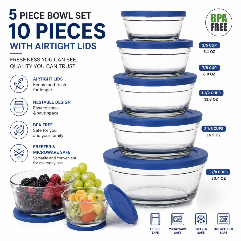 10-Piece Glass Bowl Set with Airtight Lids