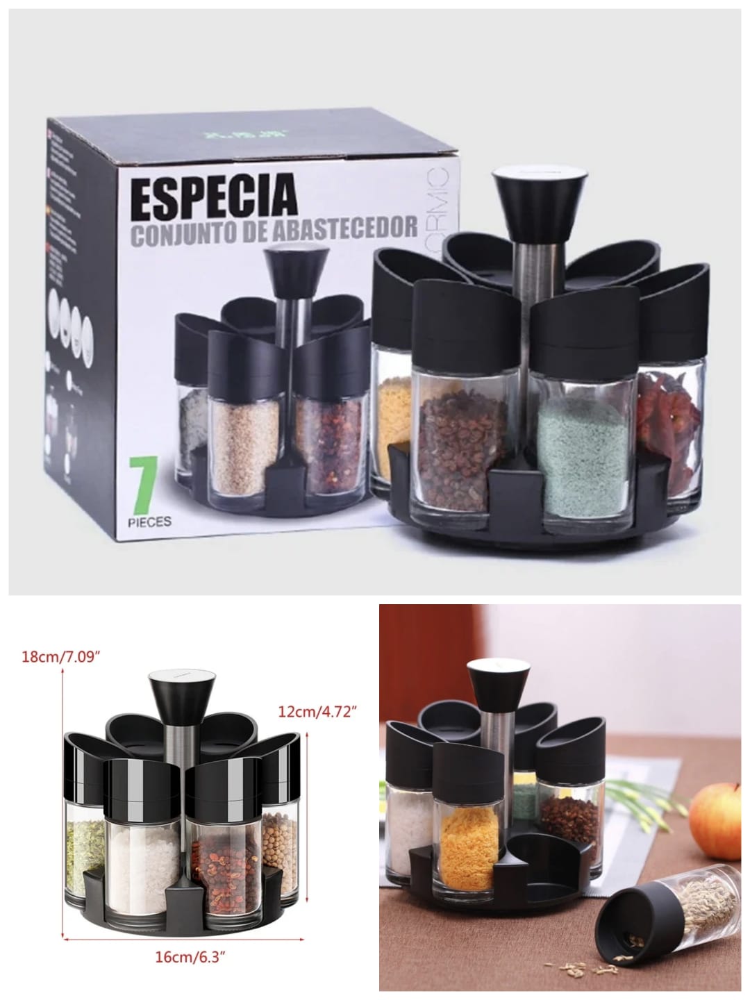 6-Piece Rotating Spice Rack Organizer - Durable Plastic Jar Set